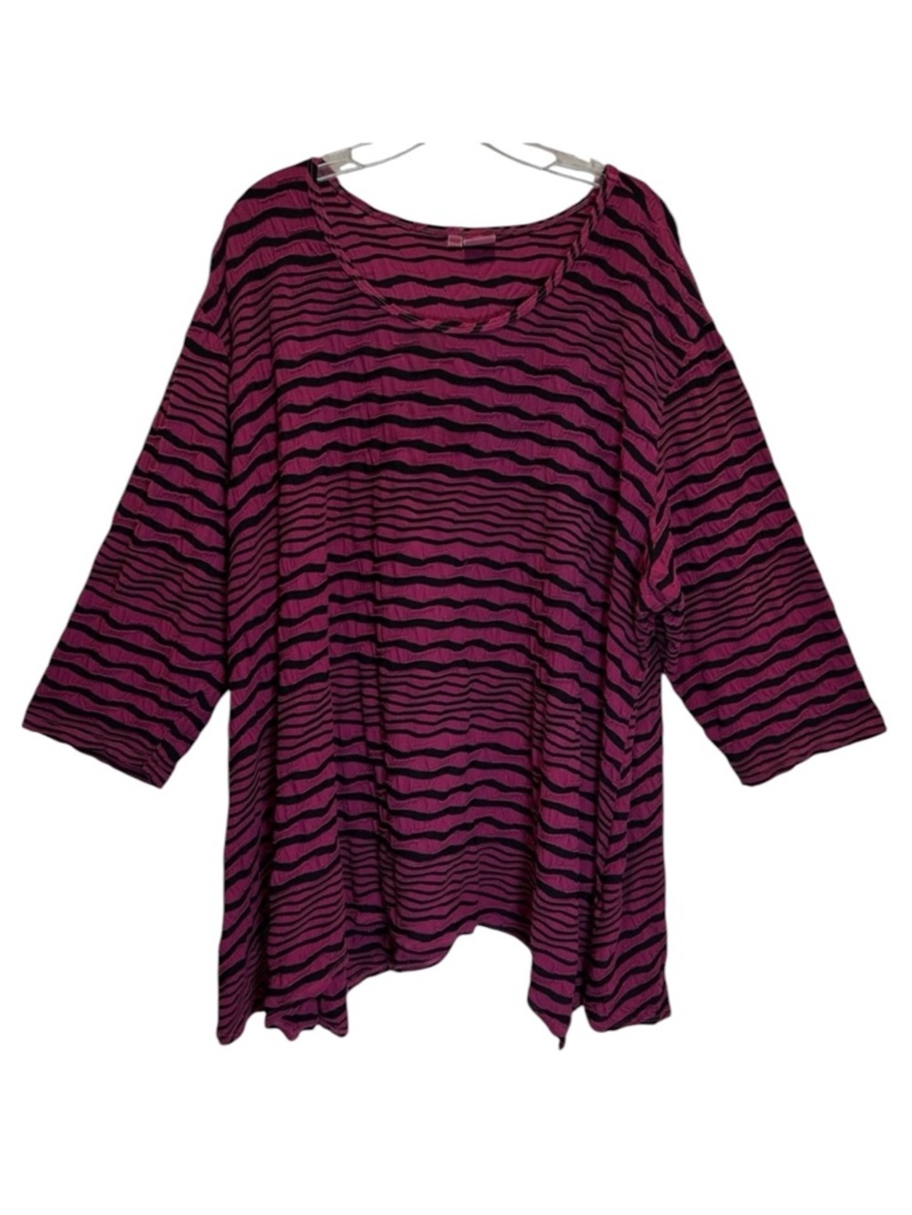 Tianello Raspberry & Black Textured Striped Swing Asbury Tunic 3/4 Sleeves - 3X